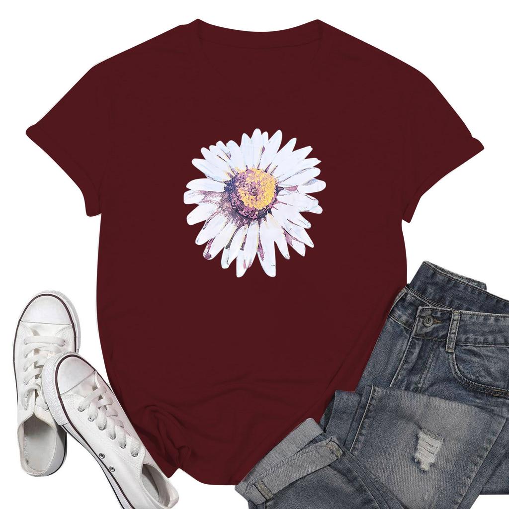 Женская повседневная футболка с принтом хризантемы, пуловер с круглым вырезом, топ с короткими рукавами