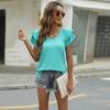 Summer Women's T-shirt Solid Colour V-neck Double Layer Ruffle Sleeve Loose Top T-shirt