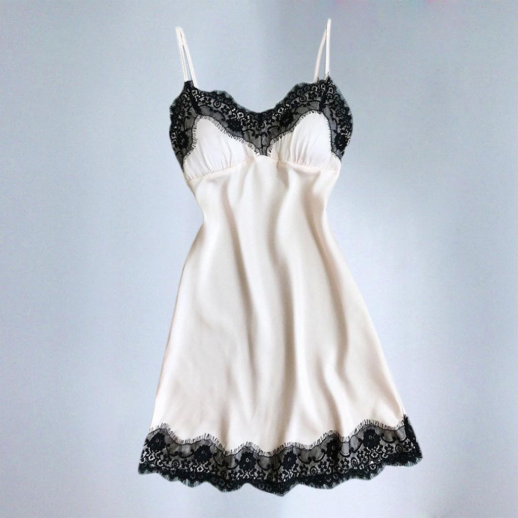Women's Solid Color Sexy Erotic Pajamas V Neck Lace Edge Camisole Nightgown