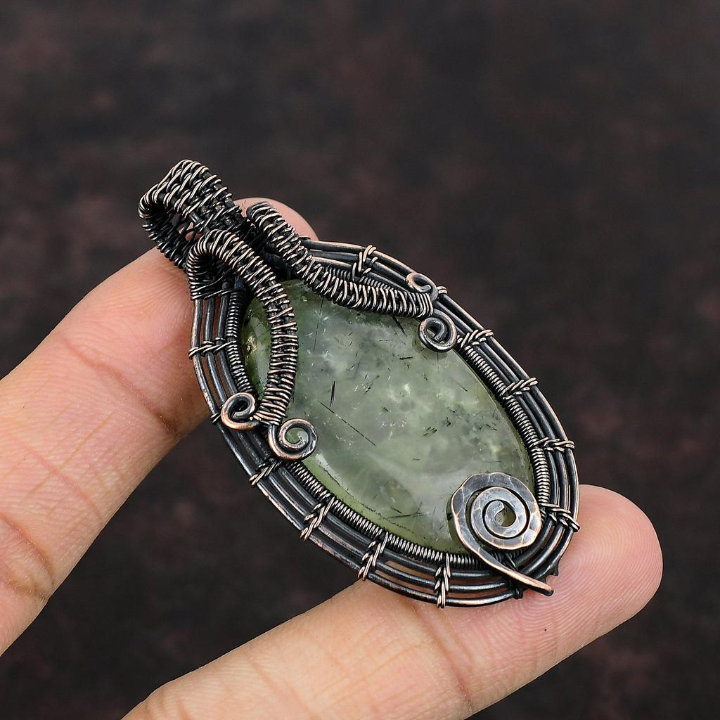 Moss Prehnite Pendant Copper Wire Wrapped Pendant Gemstone Pendant Moss Prehnite Copper Jewelry For Gift Handmade Pendant Wire Wrap Jewelry