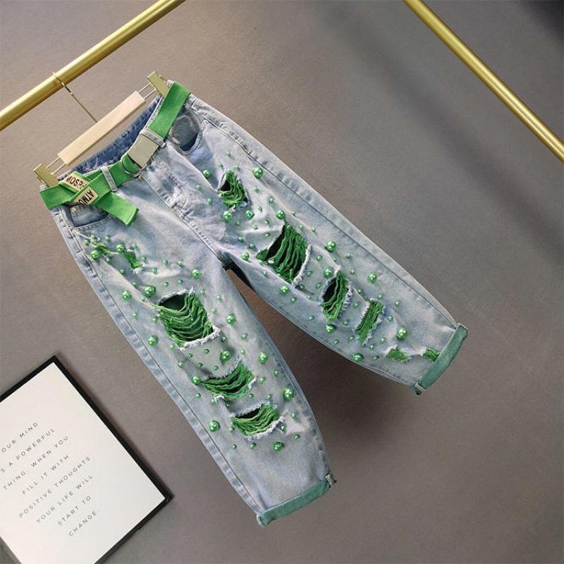 Summer Beaded Ripped Contrast Color Non-elastic Loose Personality Thin Jeans