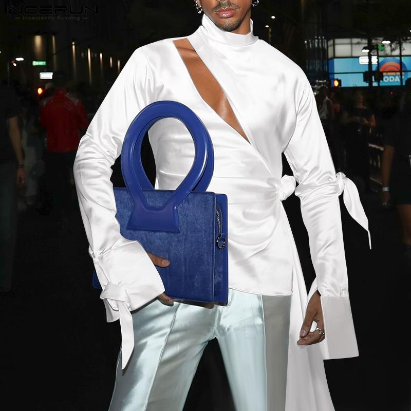 INCERUN Мужские атласные рубашки с длинным рукавом и вырезом, повседневные однотонные топы