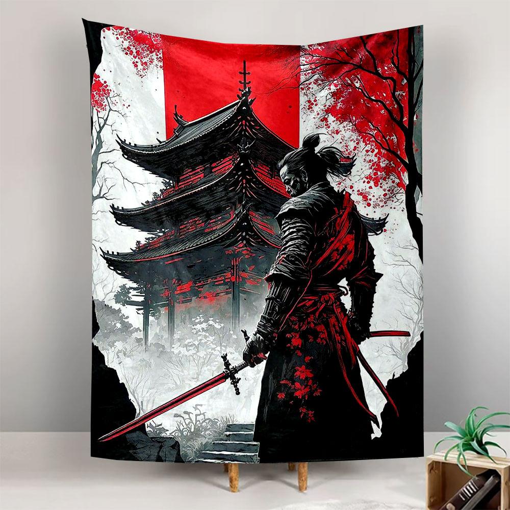 Japanese Wall Tapestry Samurai Katana Warrior Pagoda Red Sun Cherry Blossom Ink Art Decor for Bedroom Man Cave Gift