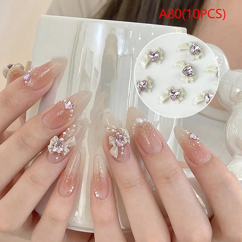 10pcs 3D Resin Bowknot Nail Charms with Pink Ribbon Bow Rhinestone, Jewelry Parts for Manicure Decor DIY Salon Accessory Gift