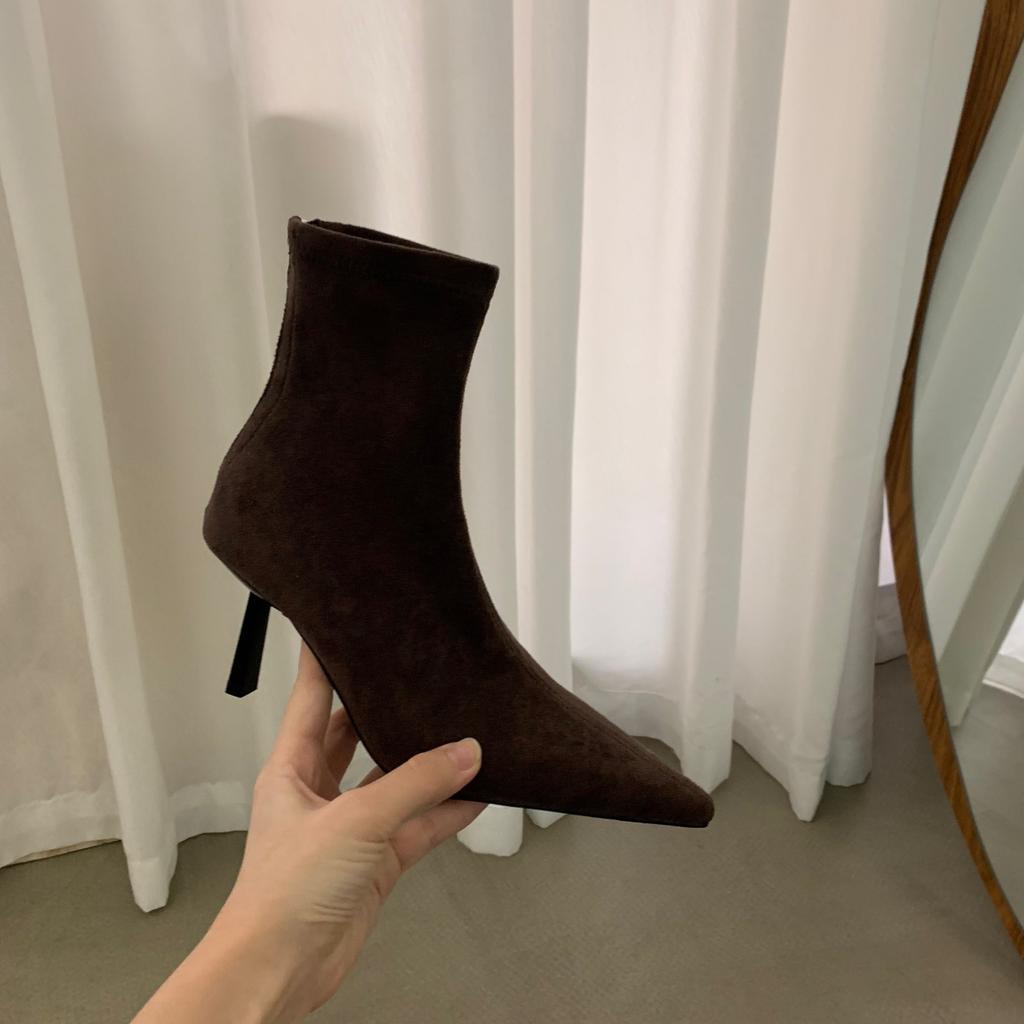 High-heeled Pointed-toed Temperament Suede Thin Short Boots Women's Shoes 2025 New Autumn and Winter Velvet Korean Small Ankle Boots