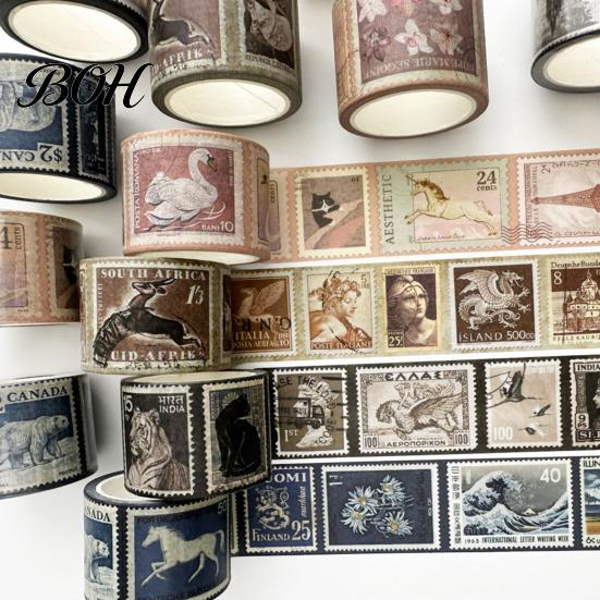 Retro Adhesive Tape Vintage Stamp Washi Roll, Aesthetic Decorative Masking Tape, for DIY Art Crafts, Journaling Scrapbooking Supplies Planner