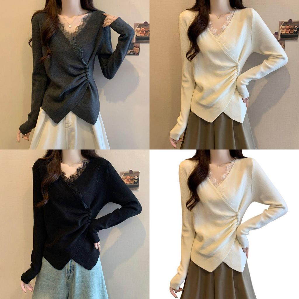 Casual T Shirt For Women With Lace Collage And Deep V Neck In Soft Fabric For Office Wear