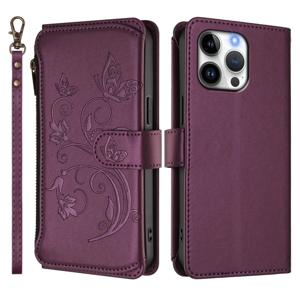 Кожаный чехол для iPhone 16 Pro Max с цветочным тиснением в виде бабочки, кошелек на молнии, чехол-подставка с ремешком на запястье