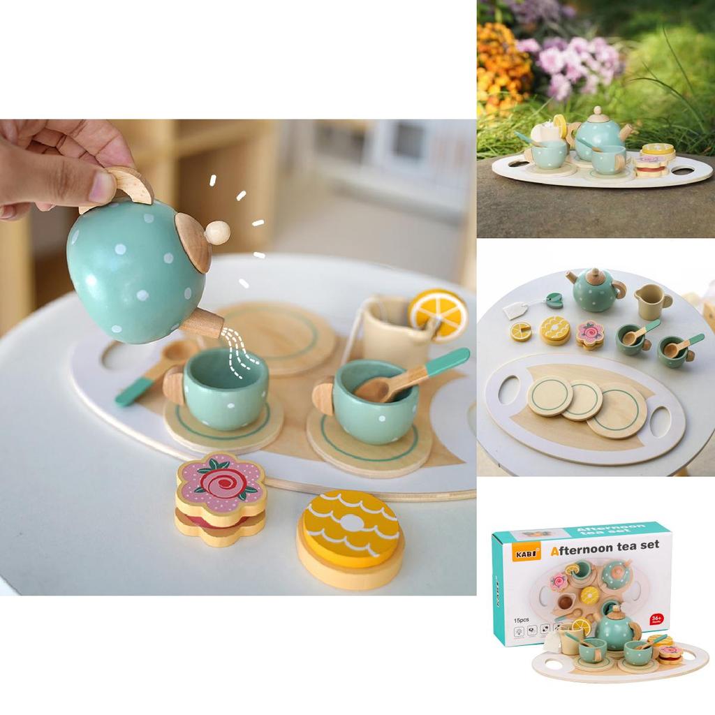 Children Play Tea Set With Wooden Cake And Pots For Creative Kitchen Pretend Games