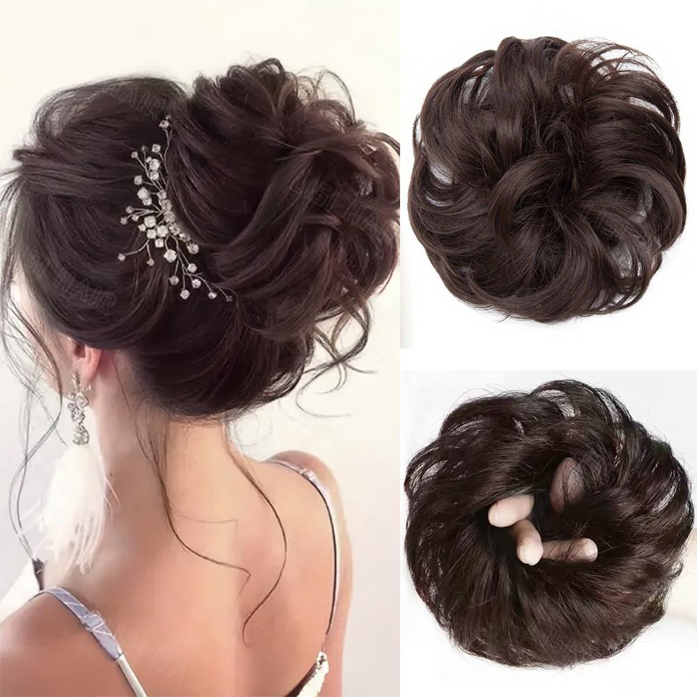 MISSQUEEN Synthetic High Bun Messy Bun Wig With Hair Extension Ponytail Band Elastic Rubber Band High Bun Ponytail Wig Extension Curly Ponytail Lady
