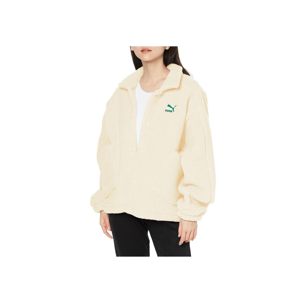 Puma Solid Color Logo Embroidered Faux Shearling Jacket Women Jacket Pure-White 539954-65