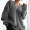 Women Sweater Coat V-Neck Long Sleeve Solid Color Single Breasted Knitting Sweater Loose Fit Warm Knitting Cardigan