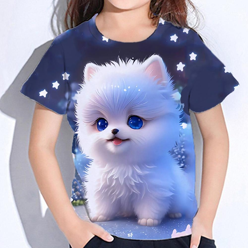 Одежда для девочек с пушистым котом, милая футболка с 3D принтом для детей, футболки с короткими рукавами для подростков от 3 до 12 лет, детские футболки