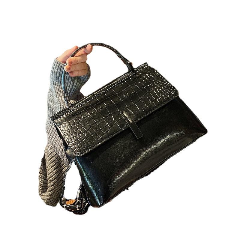 New Oil Wax Cowhide One-shoulder Diagonal Strap Bag Genuine Leather Women's Bag Crocodile Pattern Fashionable Temperament Women's Handbag