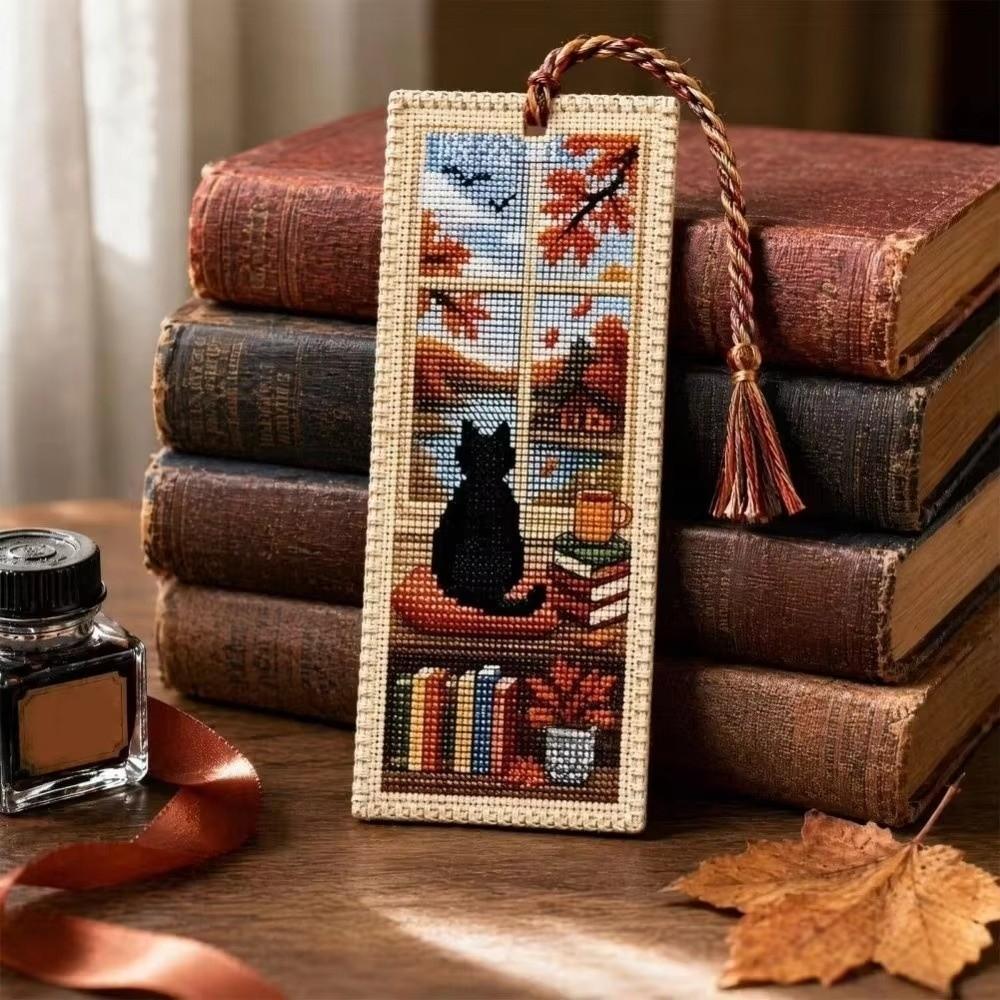 Handcrafted Seasonal Cat Embroidery Bookmark Book Page Marker Material Kit Beginners