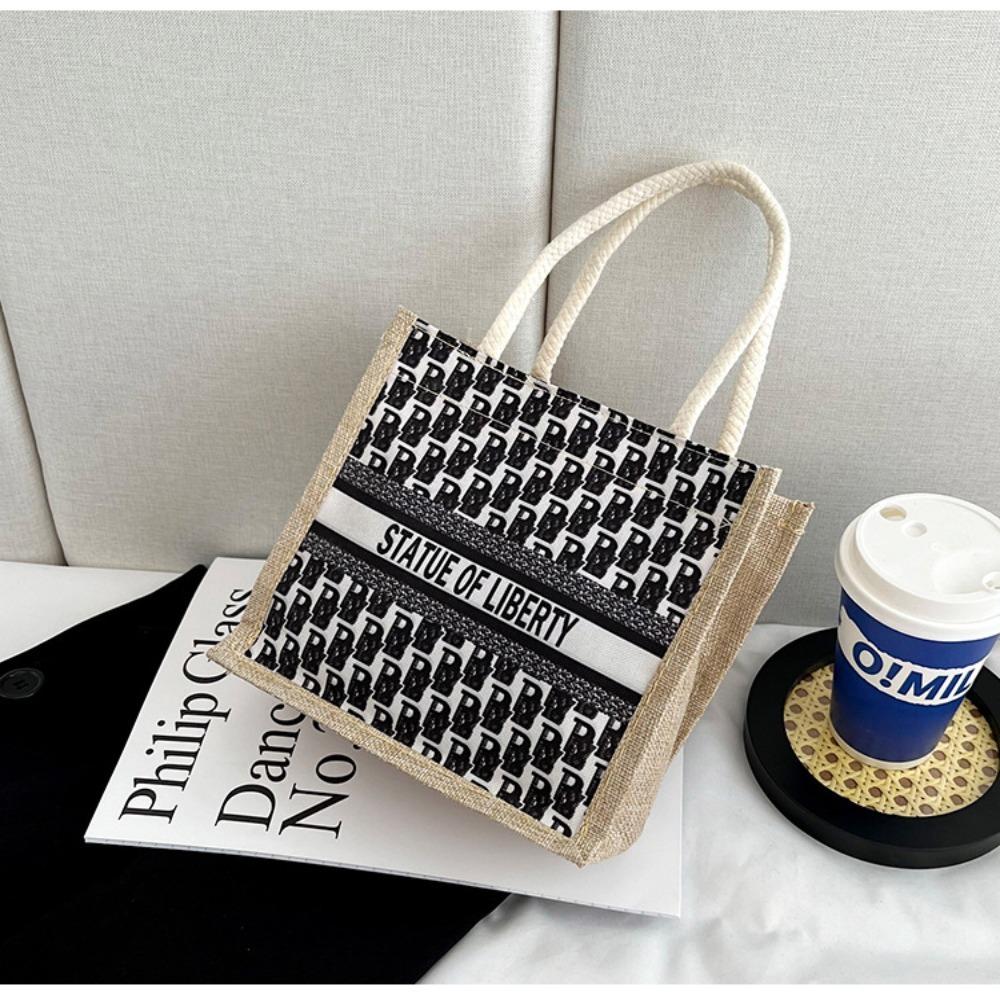 Портативная льняная сумка-тоут Большая вместимость Для прогулок и отдыха Женская сумка через плечо Косметичка Студенческая сумка для обеда Сумка для хранения