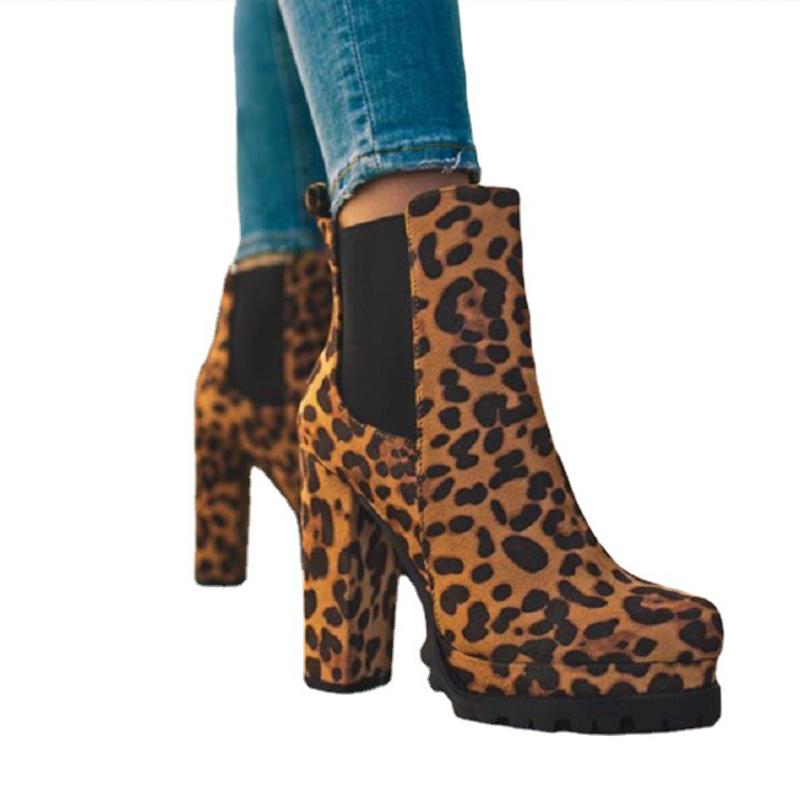 Fashion Fashion Women Ankle Boots Flock Leopard Slip On Short Boots Womens High Heels Platform Autumn Shoes Ladies Booties Retro Plus 43