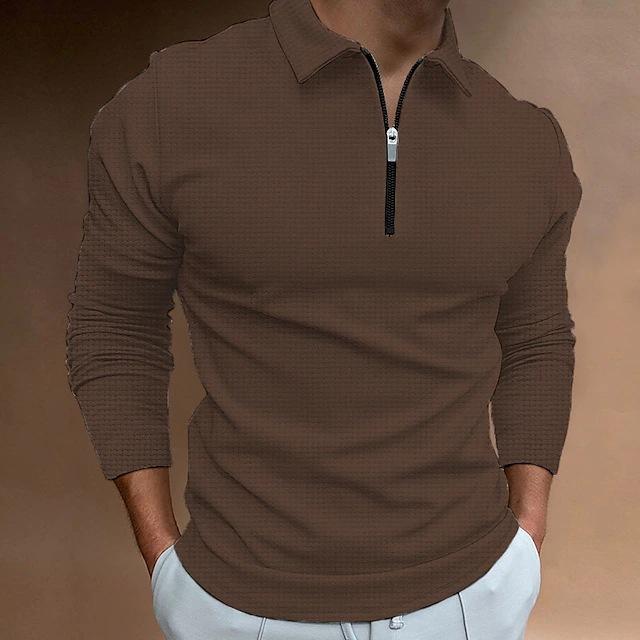 New Waffle Zip Long Sleeve Polo Shirt Men's T-shirt Top 8 Colours