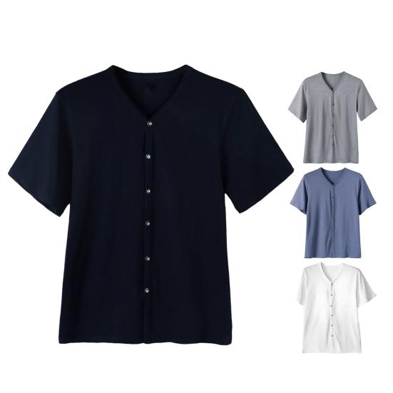 Men Button Down T-shirt Solid Color V-Neck Short Sleeve Tee Shirt Summer Casual