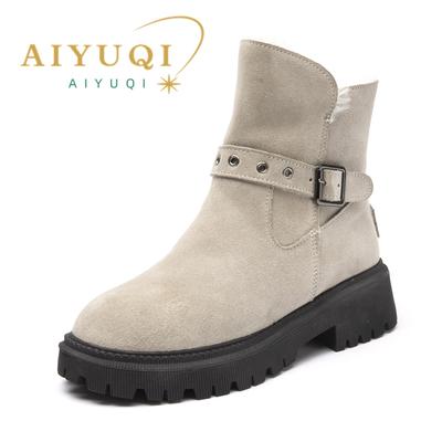 Модные женские зимние ботинки AIYUQI из замши и натуральной кожи, новые, большого размера, толстые и теплые, повседневные женские ботильоны