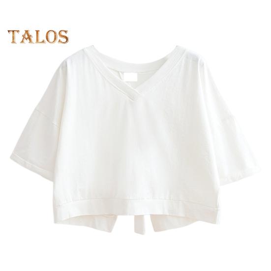 Летняя укороченная футболка с v-образным вырезом и коротким рукавом сзади, Полая футболка на шнуровке, однотонный пуловер свободного покроя, топы, уличная одежда