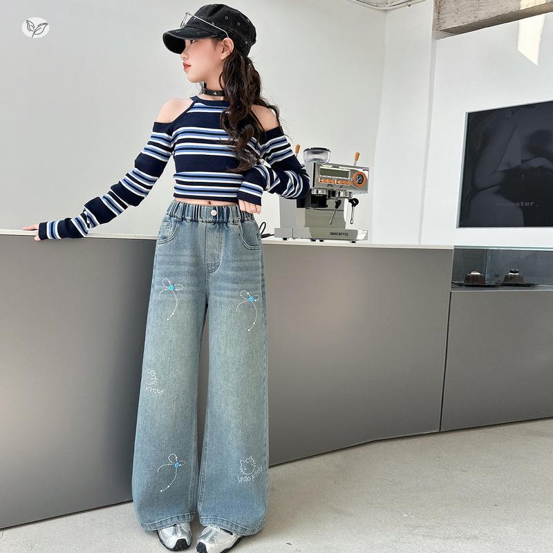 Autumn 2026 Girls' Stylish Loose Straight-Leg Jeans - Korean Style for Big Kids
