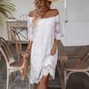 Белое кружевное вышитое повседневное летнее платье для женщин, цельное, с открытыми плечами, с полым дизайном