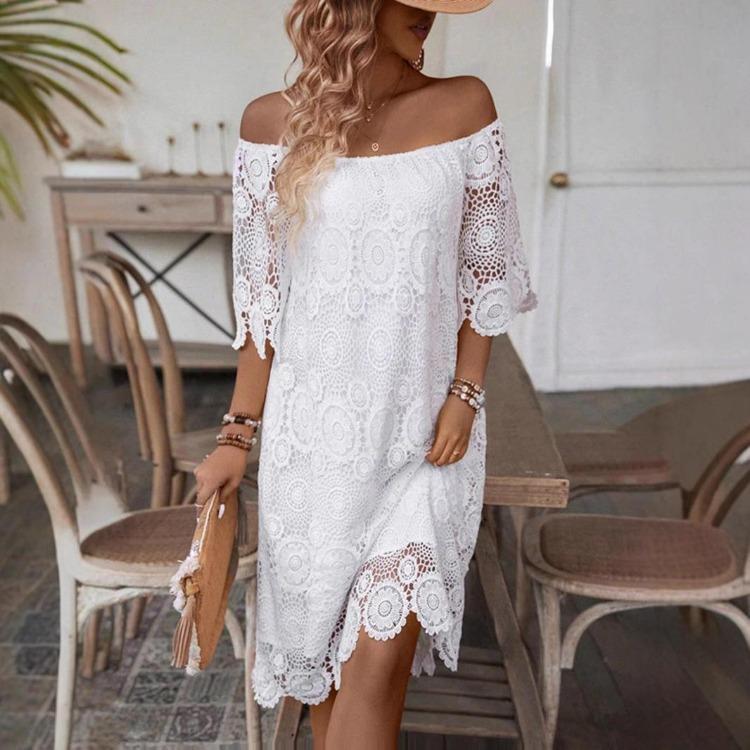 Белое кружевное вышитое повседневное летнее платье для женщин, цельное, с открытыми плечами, с полым дизайном
