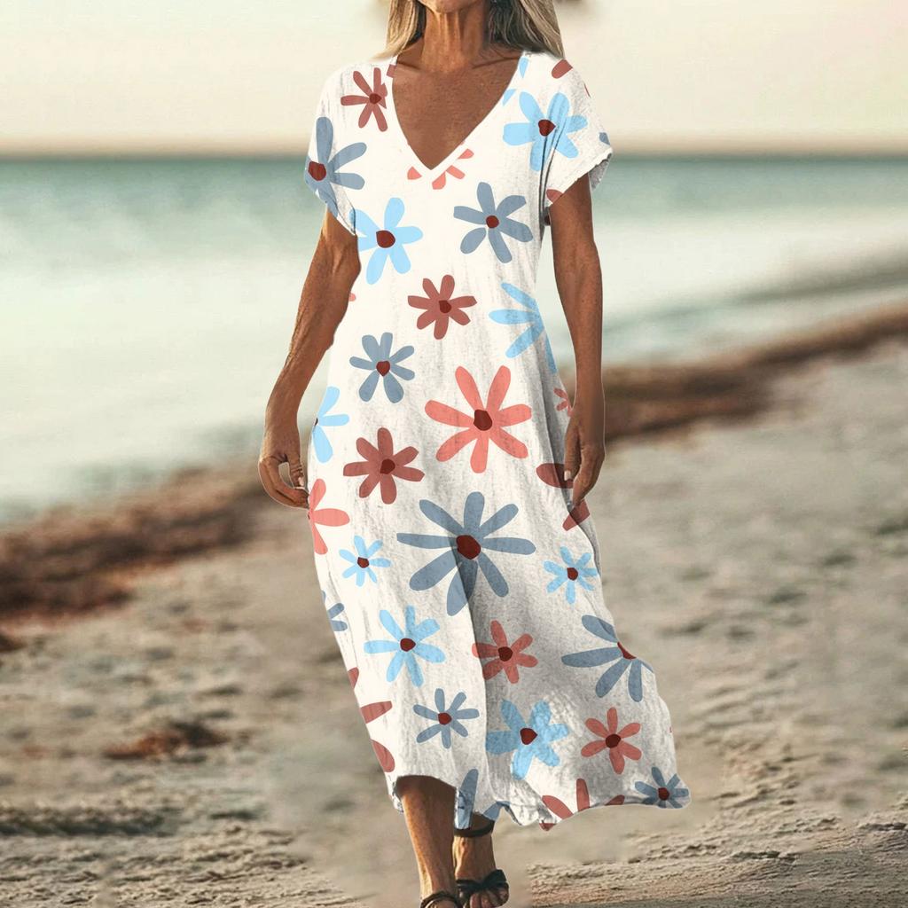 Fashion Women's Summer V-Neck Short Sleeve Floral Print Beach Dress