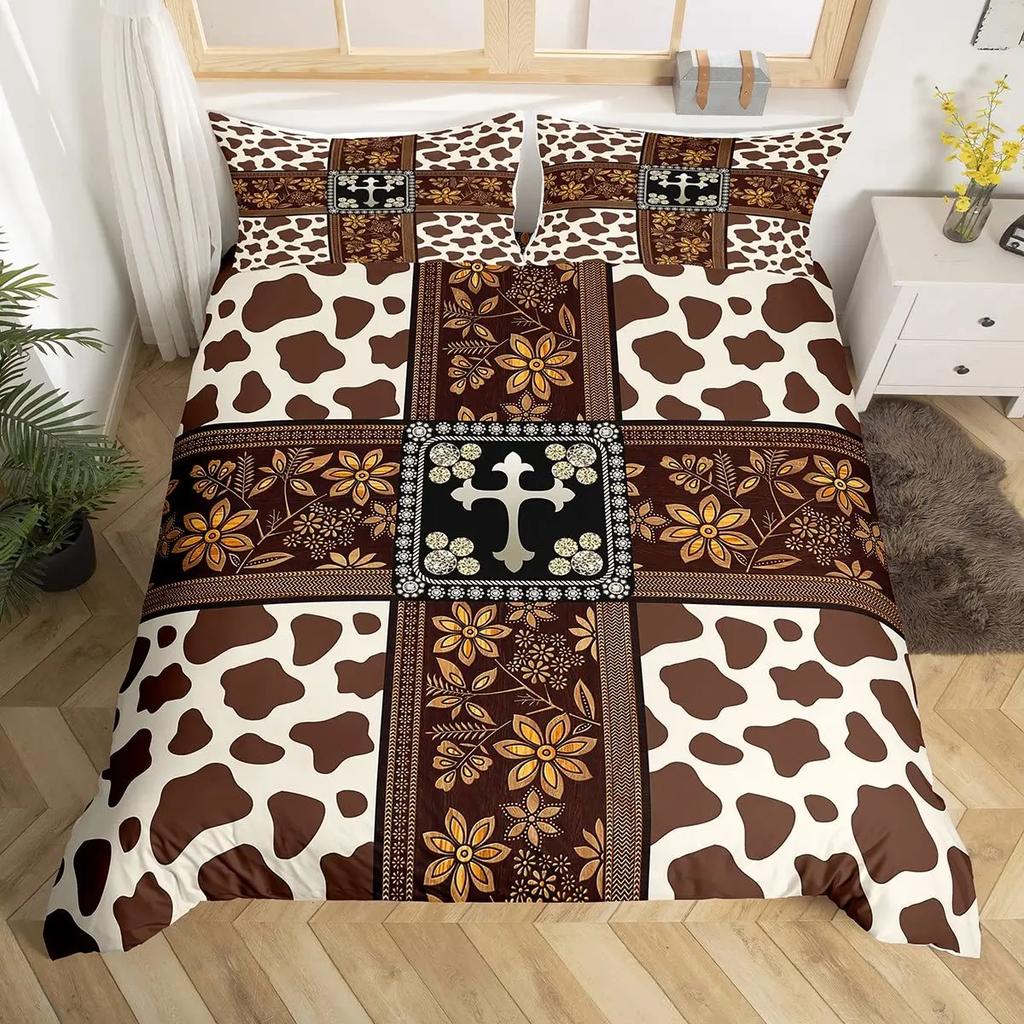 Пододеяльник с коровьим принтом Queen Vintage Floral Комплект постельного белья для девочек, мальчиков, мужчин, в стиле вестерн, фермерское животное, бычья шкура, одеяло