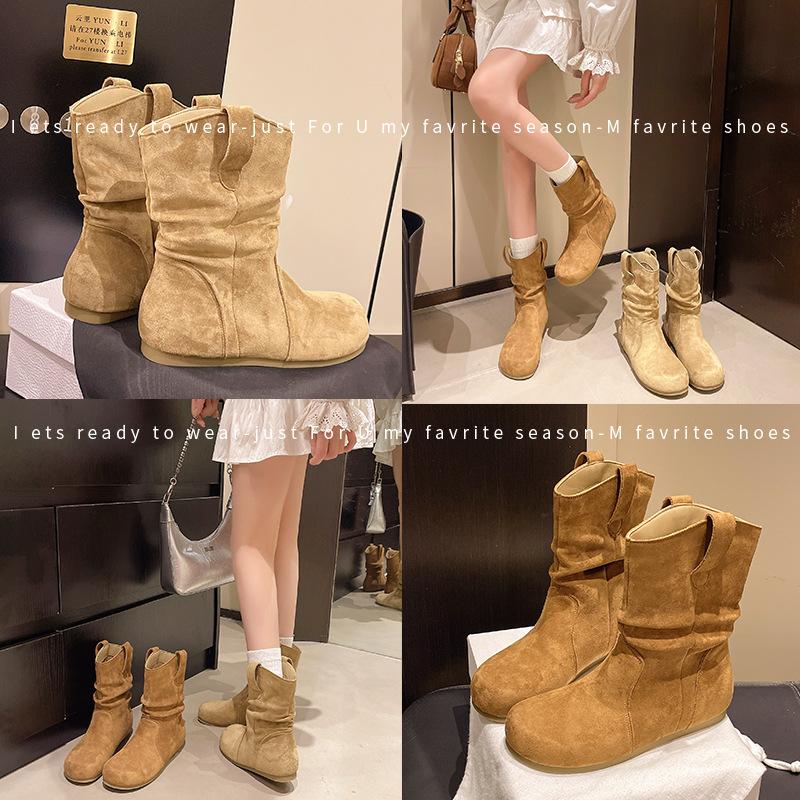 Интернет-знаменитость обувь-куча 2025 новый круглый носок универсальная плоская подошва ковбойские сапоги из матовой кожи короткие сапоги женские весна и осень