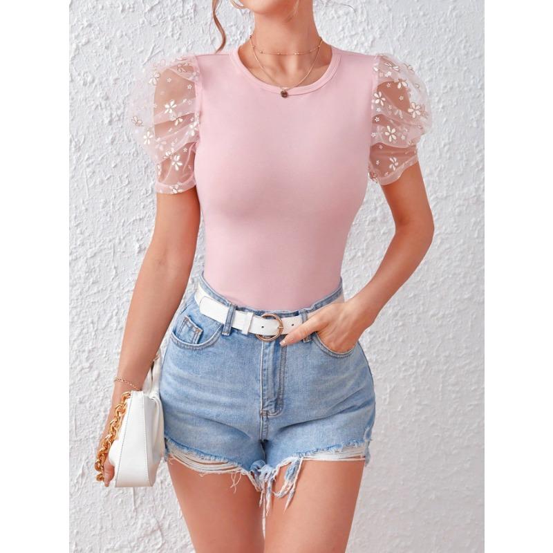 Женские модные повседневные летние весенние однотонные блузки и рубашки с короткими рукавами и круглым вырезом с принтом