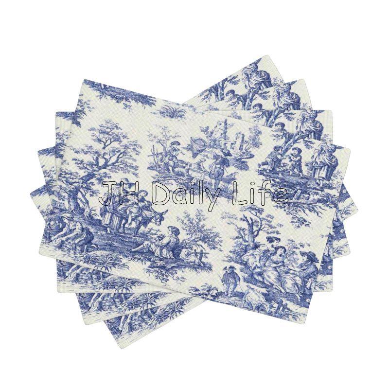 Французские салфетки под тарелки Toile De Jouy, набор из 4 штук, водонепроницаемые, термостойкие, льняные, для домашней вечеринки, декора обеденного стола, 12x18 дюймов