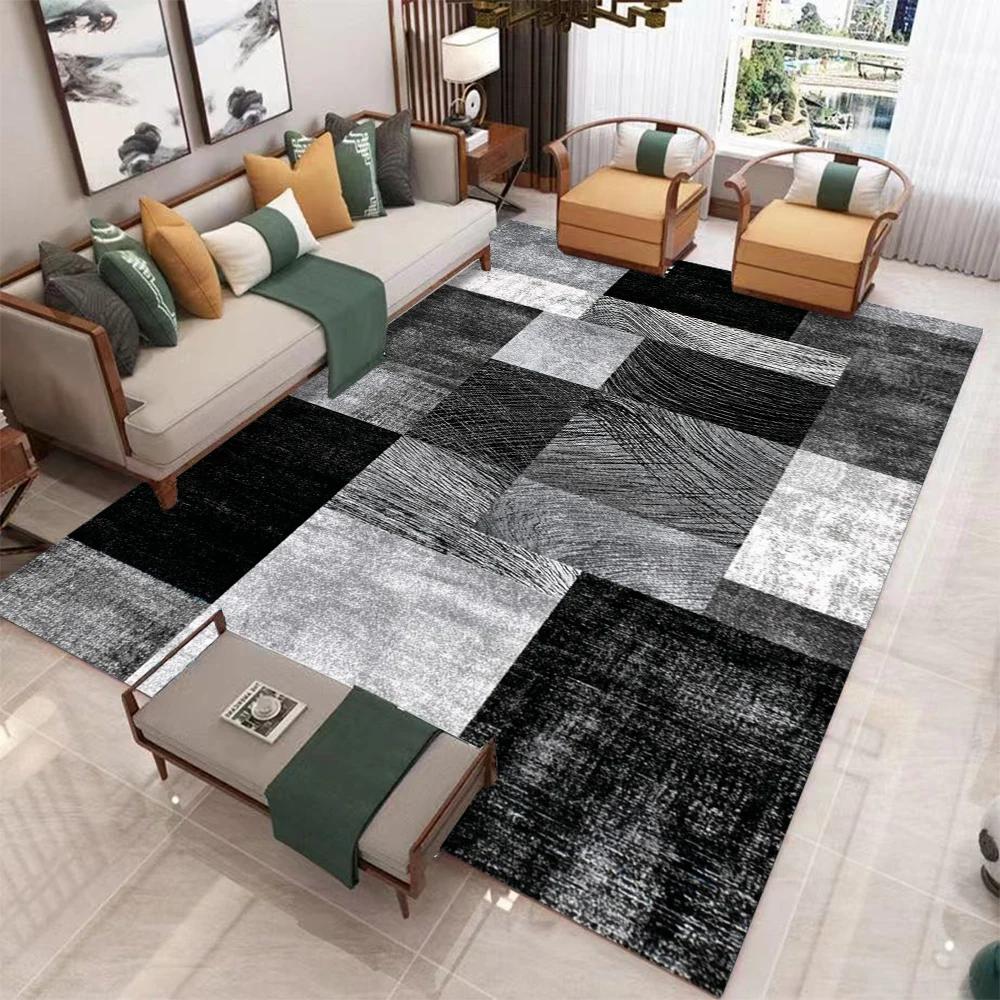 Luxury Distressed Checkered Area Rug Black Grey Wood Grain Print Non-Slip Absorbent Washable Soft Carpet