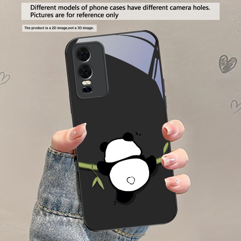 Милый и очаровательный панда Для vivo Y100 Y33s Y03 Y36 Y35 Y52 Y72 Y55 Y16 Y76 Y75 Y72 5G iQOO 12 Z9 Turbo Черный Стеклянный Чехол для Телефона