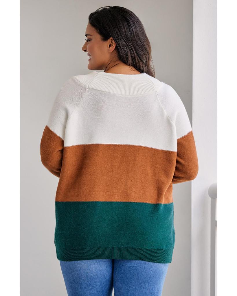 Azura Exchange Brown Plus Size Ribbed Trim Color Block Sweater