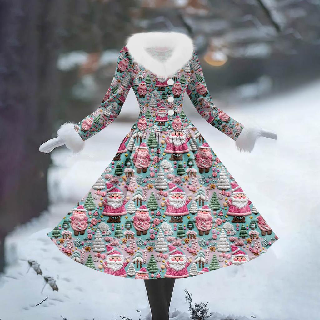 Женское повседневное платье с длинным рукавом, V-образным вырезом, лоскутным флисом и рождественским принтом