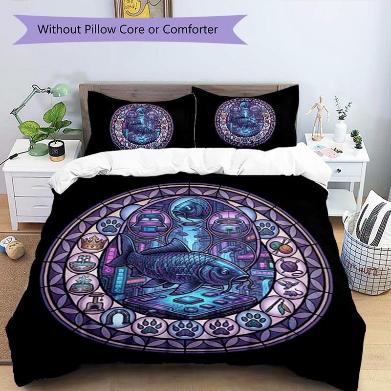 Cybernetic Fish Tech Mandala Pattern Bedding,Quilt Set Quilt Cover Pillowcase Home Birthday Gift (1 * duvet cover + 2 * pillowcase, without core)