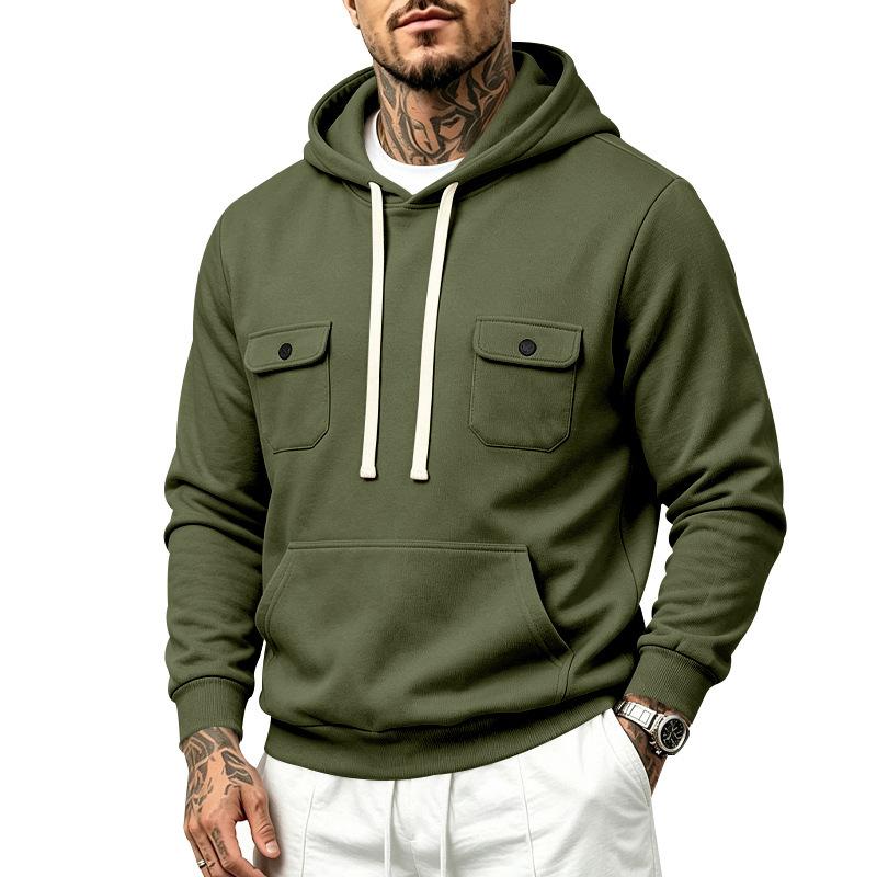Men’s Heavyweight Fleece-Lined Outdoor Sports Loose-Fit Workwear Plain-Coloured Hooded Sweatshirt for Autumn/Winter