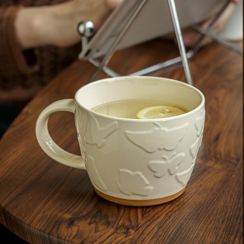 Creative Butterfly Relief Cup Niche Mug Ceramic Coffee Cup Large Capacity Breakfast Cup Water Cup Export
