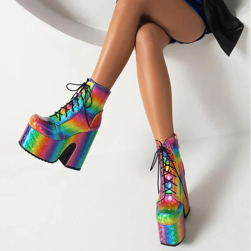 Women Rainbow Boots Colorful Gradient Lace-up Platform Gothic Halloween Bat Shoes High Heels Winter Warm Ankle Motorcycle Boots