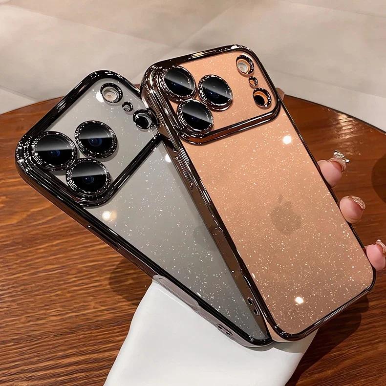 Transparent Glitter Plating Case for For Iphone 16 14 1 17 Pro Max Air 16 Plus 13 12 11 Lens Protector Bling Hard PC Cover