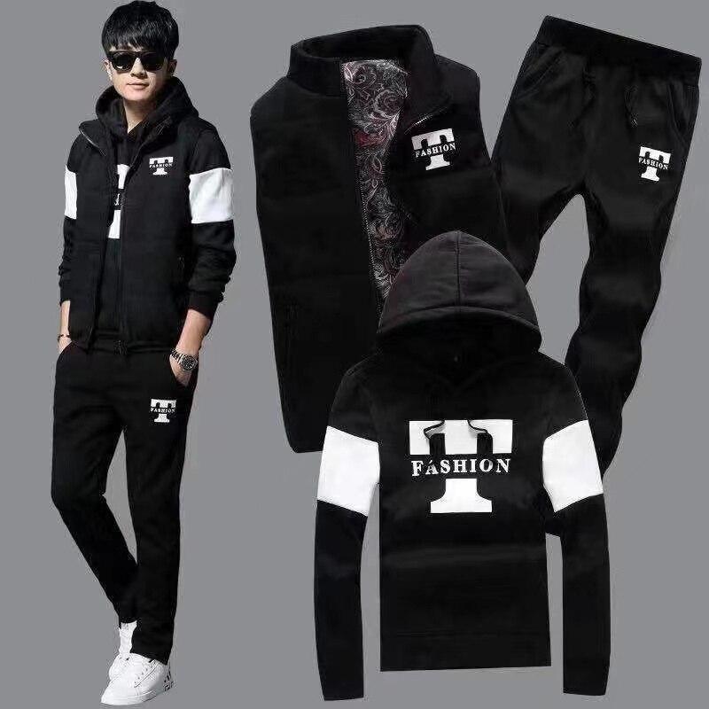 Зимний толстый теплый спортивный костюм для мужского комплекта с принтом, комплект из 3 предметов, повседневный мужской спортивный костюм, одежда