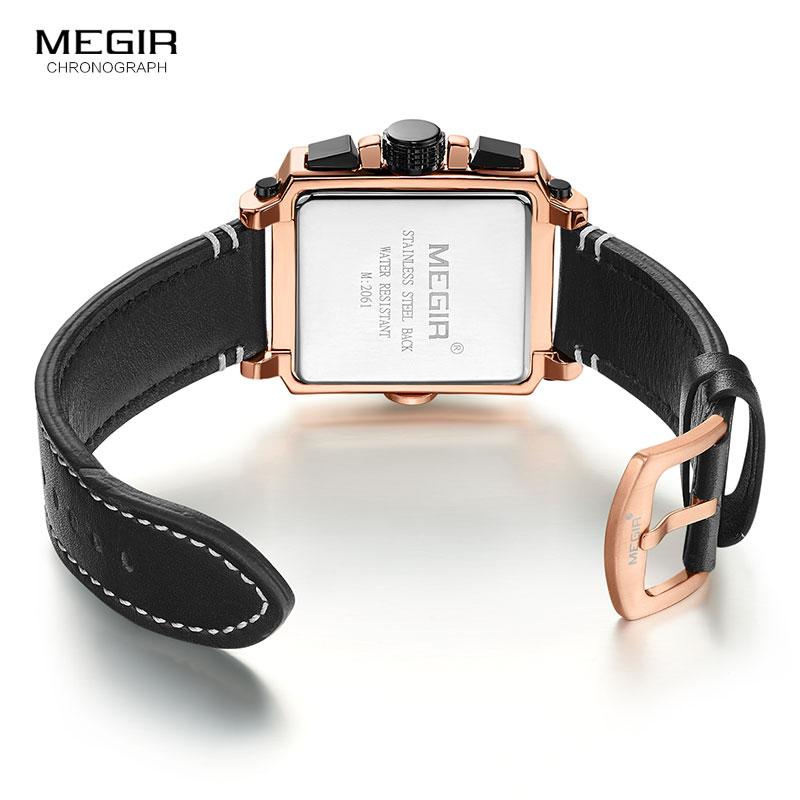 Megir Leather Strap Army Chronograph Quartz Wrist Watches Men Square Sports Stop Watch Man Clock Relogios Masculino 2061 Rose