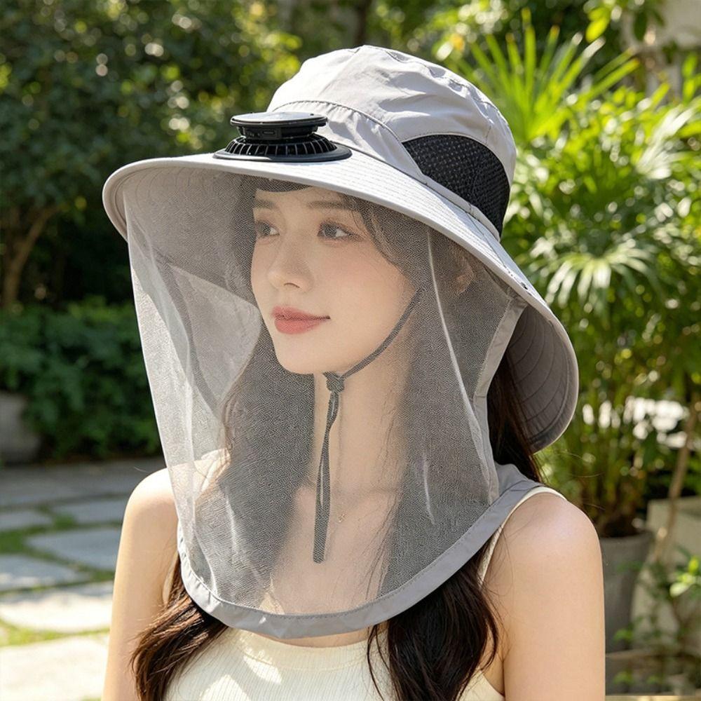 Convenient With Net Mesh Mosquito Head Net Hat Foldable Breathable Solar Fan Hat Cooling Quick-Drying Fishing Bucket Hat Hiking