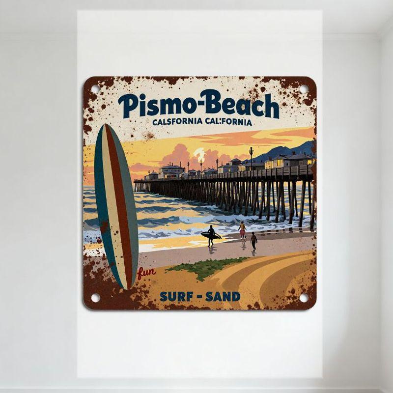Vintage Pismo Beach California Sunset Surf Metal Tin Sign - Distressed Retro Ocean Pier Beach Decor for Home Bar Man Cave