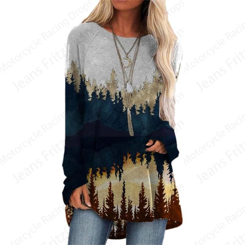 Футболки с принтом в виде природных пейзажей 3D, женская мода, футболка с длинным рукавом, туника с крестообразным узором, длинная винтажная футболка, градиентная одежда для женщин