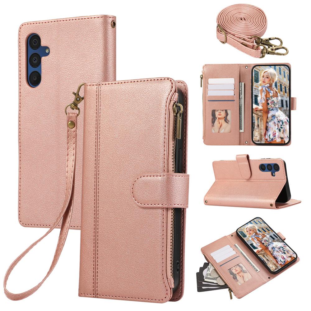 For Samsung Galaxy A16 4G/5G/A26 5G Case Multi Card Slots Zipper Leather Phone Cover with Shoulder Strap/Wrist Strap
