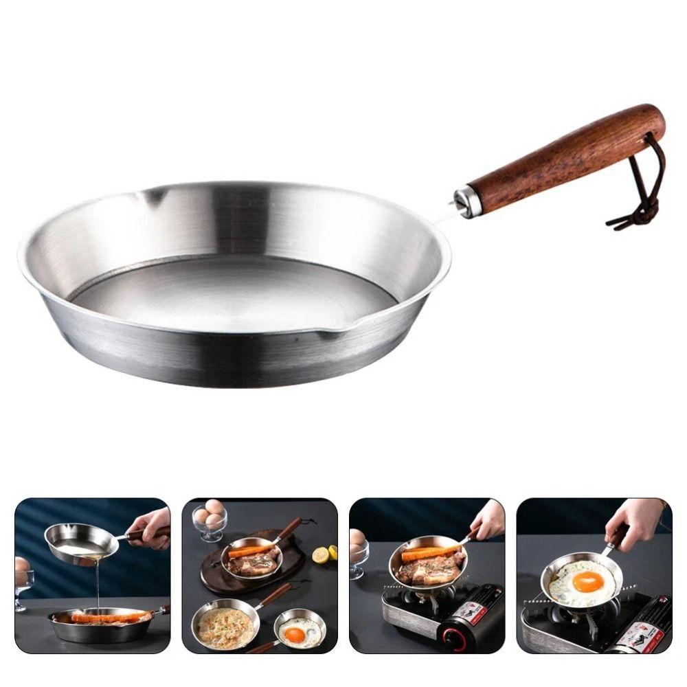 Wooden Handle Omelette Pan Flat Bottom Open Skillet 304 Stainless Steel Frying Pan Kitchen