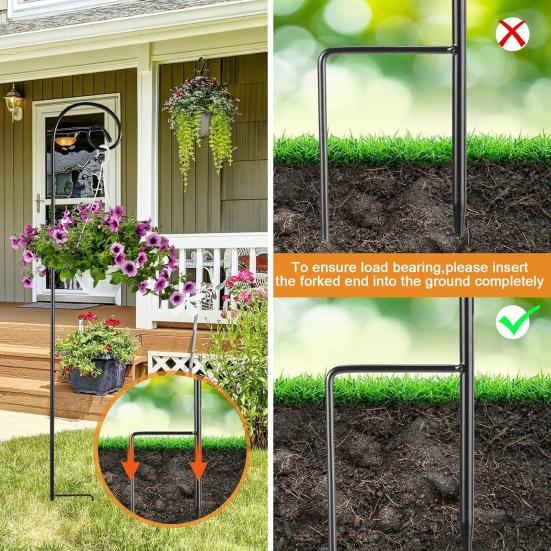 Outdoor Shepherd Hook Heavy Duty Metal Garden Hook with 2-Prong Base Detachable Shepherds Hook for Solar Lights Plant Baskets Lanterns Bird Feeders